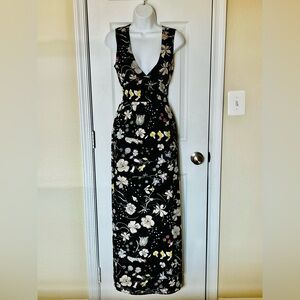 H&M Black Floral V-Neck Maxi Dress with Yellow & Pink Accents